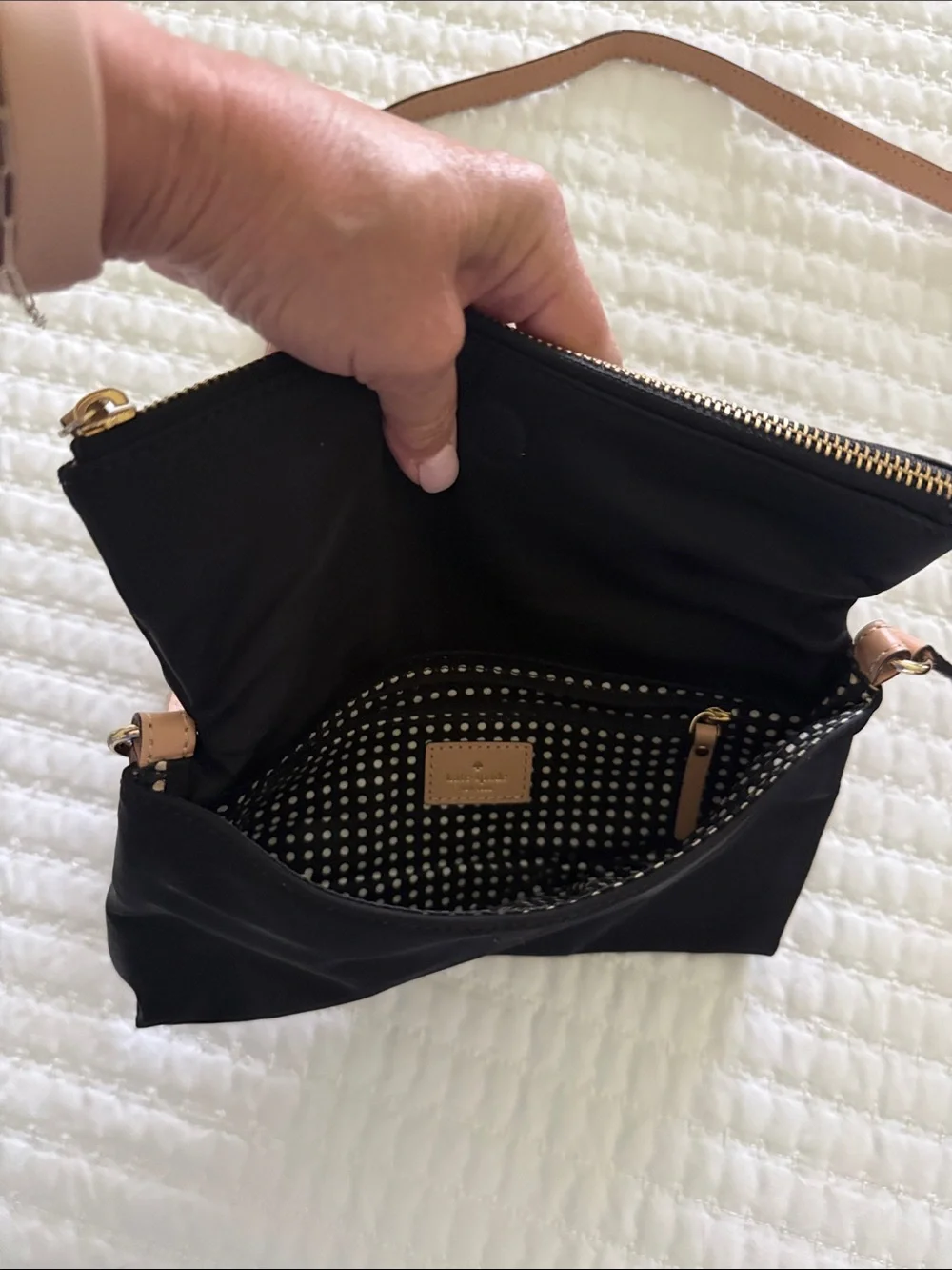 Kate Spade Black Crossbody Bag with Tan Strap and Gold Hardware